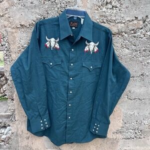Vintage Plains Pearl Snap Shirt Cow Skull Embroidery Large Hunter‎ Green